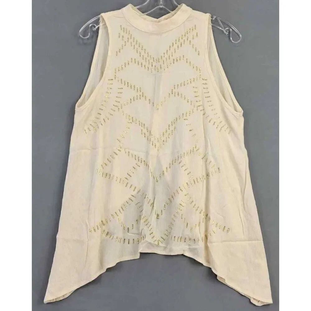 Living Doll Women Shirt Size LARGE Cream Preppy Gold Accent Sultry Open Back Cla